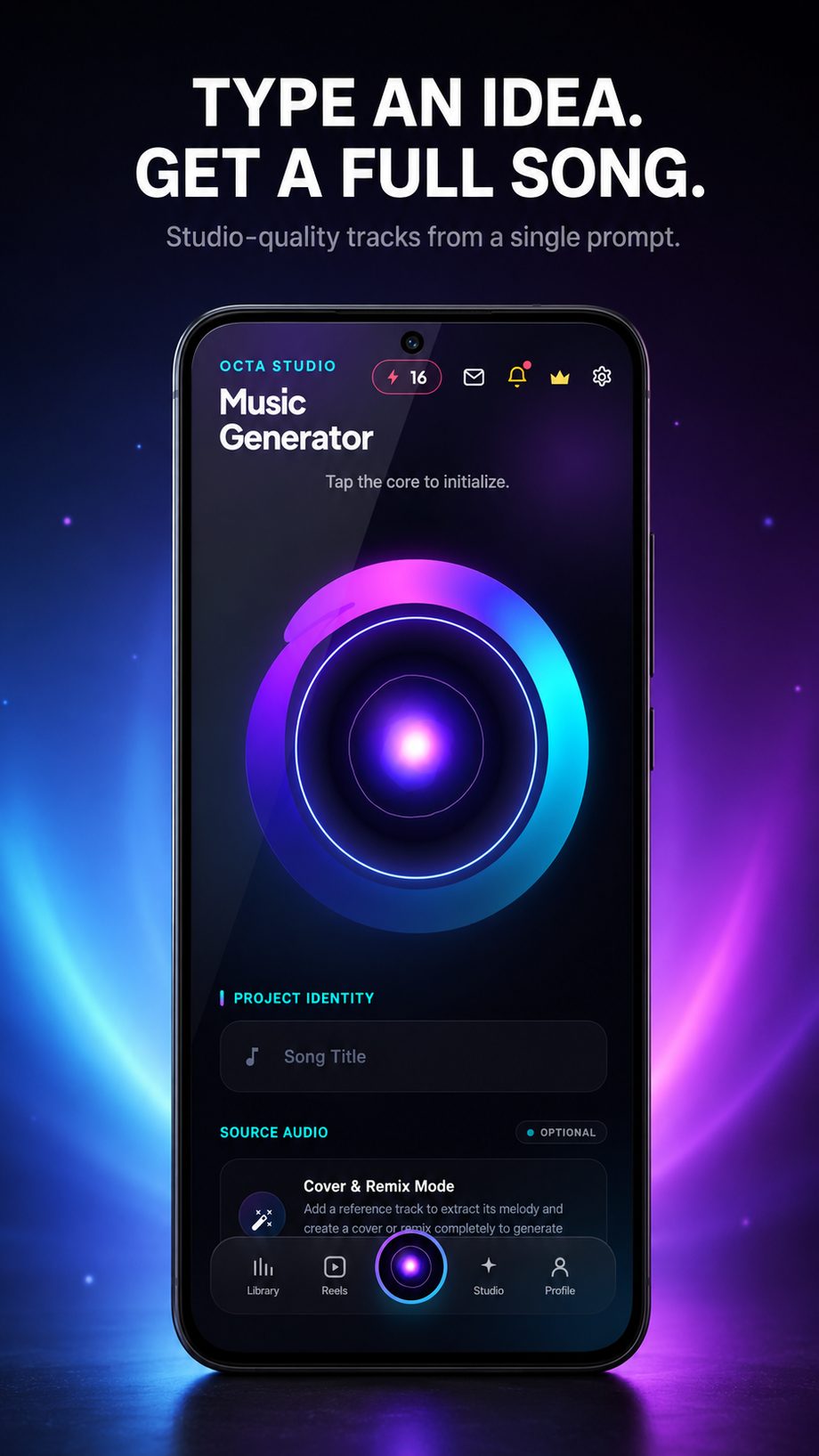 Octa AI music generator on Android — describing a song by text