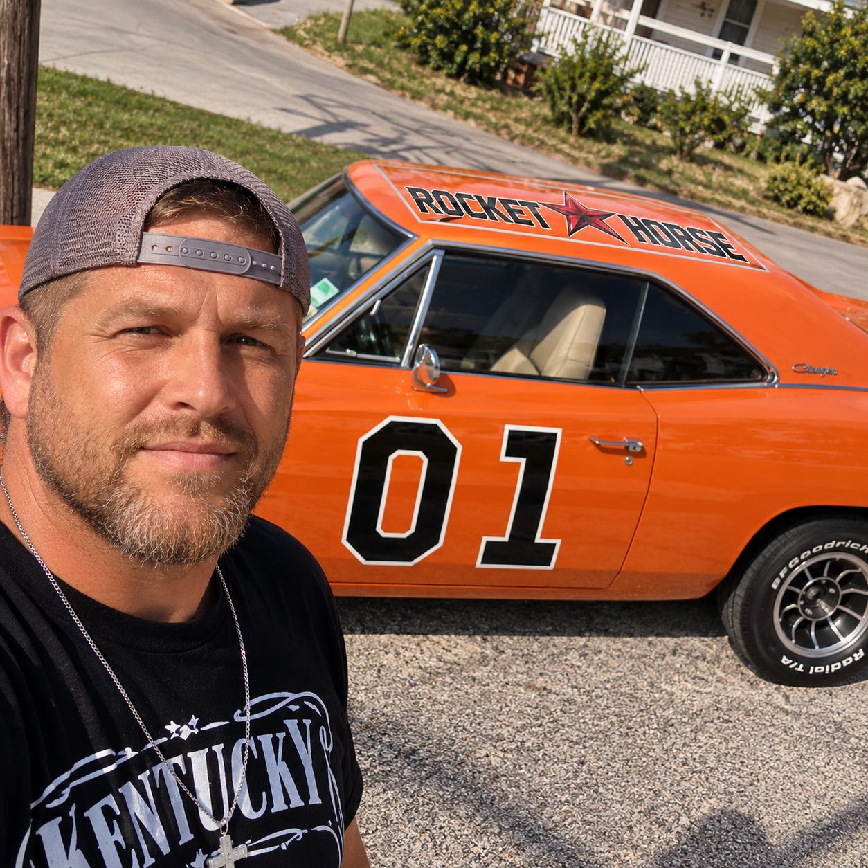 Brian Myk in a backwards cap standing beside an orange car with ROCKET HORSE lettered across the roof and 01 on the door, a white house and trees behind.