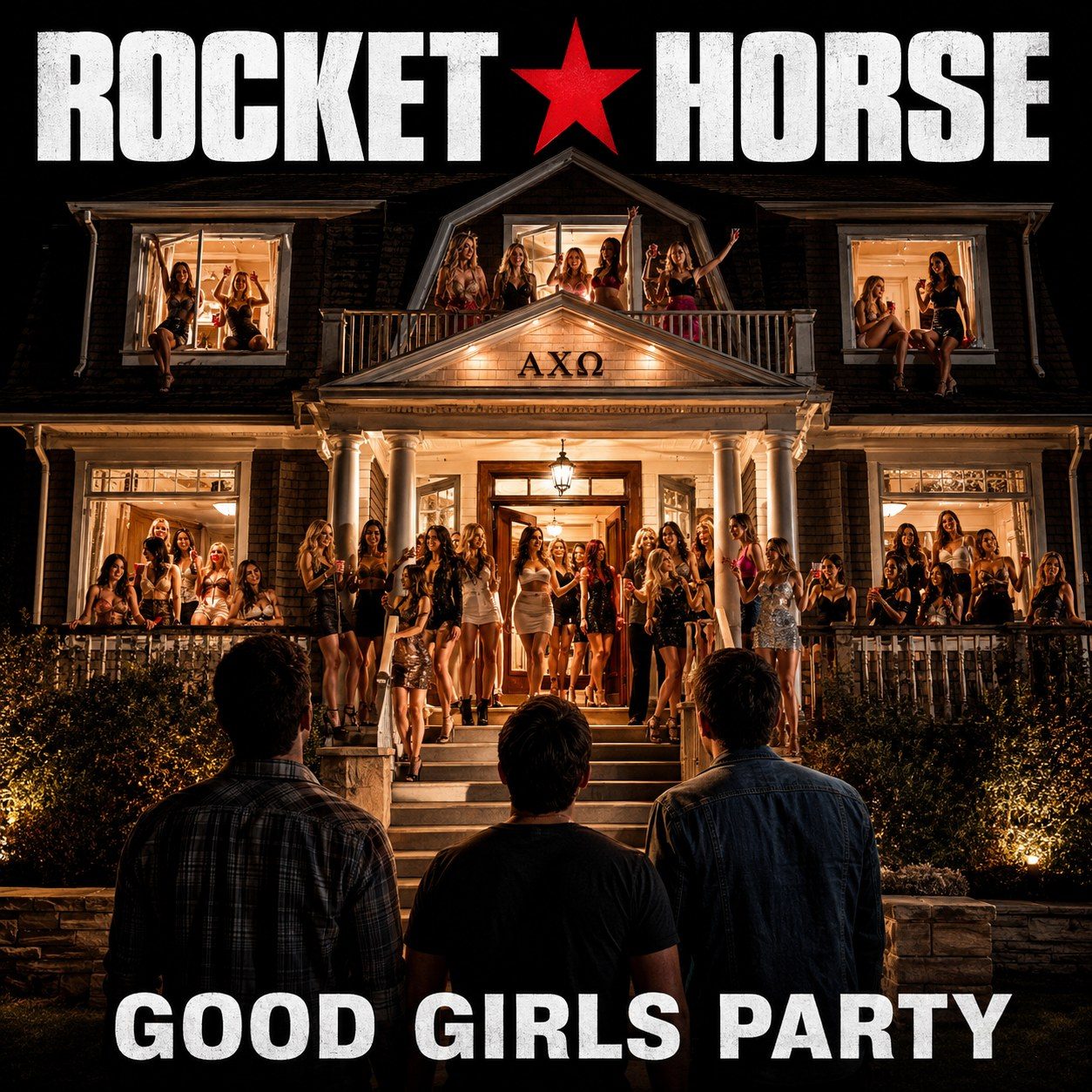 Cover artwork of a night scene: three men, seen from behind, look up at a lit sorority house whose porch and balconies are crowded with partygoers; the ROCKET HORSE wordmark with a red star between the two words runs across the top and GOOD GIRLS PARTY across the bottom.