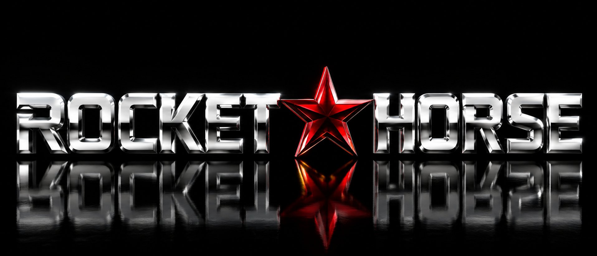 The Rocket Horse logo in chrome letterforms with a red star, mirrored below itself, on black.